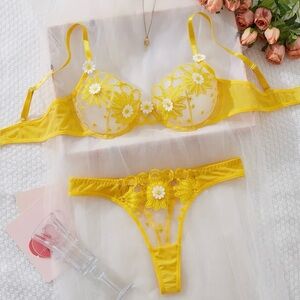 Yellow Floral Lace Lingerie Set